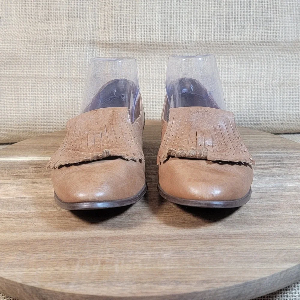 9 West Women's Loafers Brown‎ Leather Slip On Flats Fringe Detail Size 7 M